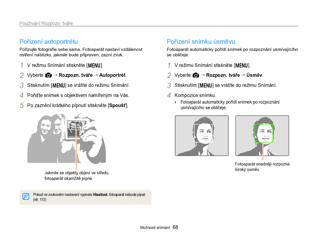 Samsung EC-WB750ZBPBE3 manual Pořízení autoportrétu, Pořízení snímku úsměvu, Používání Rozpozn. tváře 