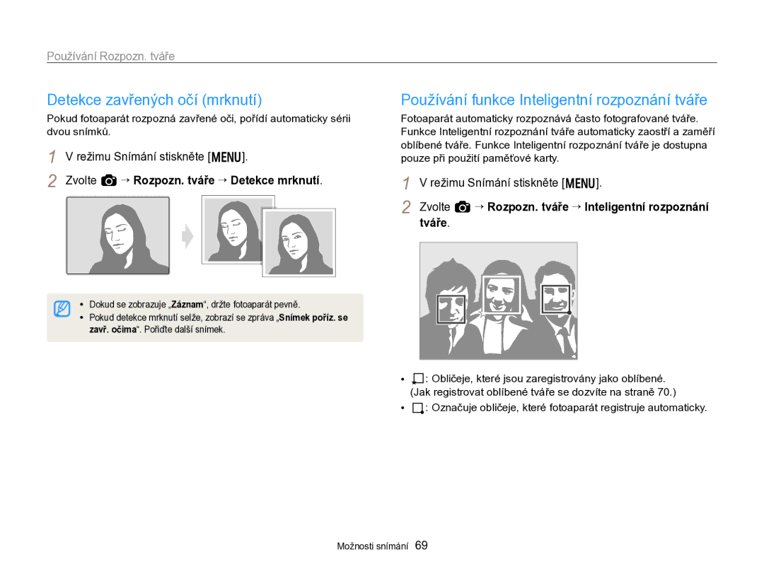 Samsung EC-WB750ZBPBE3 manual Detekce zavřených očí mrknutí, Používání funkce Inteligentní rozpoznání tváře 