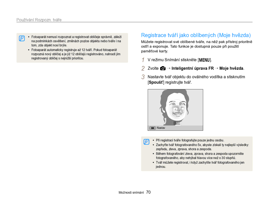 Samsung EC-WB750ZBPBE3 manual Registrace tváří jako oblíbených Moje hvězda, Spoušť registrujte tvář 