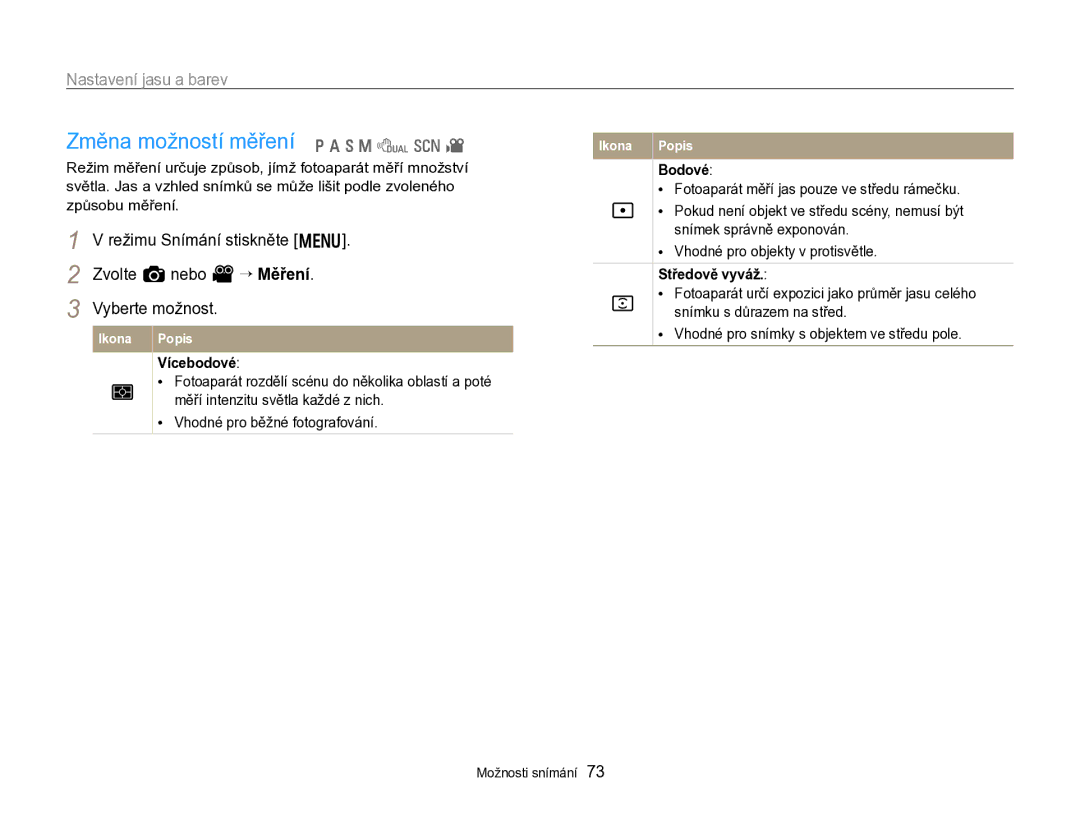 Samsung EC-WB750ZBPBE3 manual Změna možností měření p a h M d s, Nastavení jasu a barev, Vícebodové, Bodové, Středově vyváž 