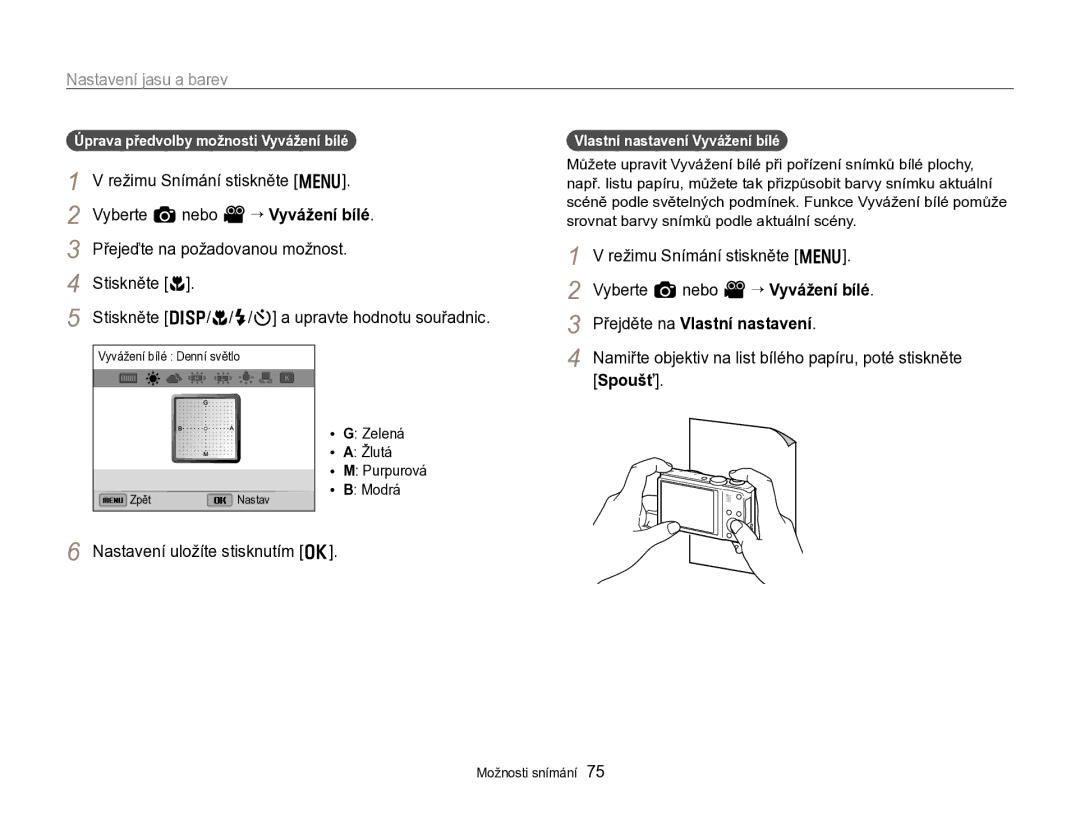 Samsung EC-WB750ZBPBE3 manual Přejděte na Vlastní nastavení, Spoušť, Vlastní nastavení Vyvážení bílé 