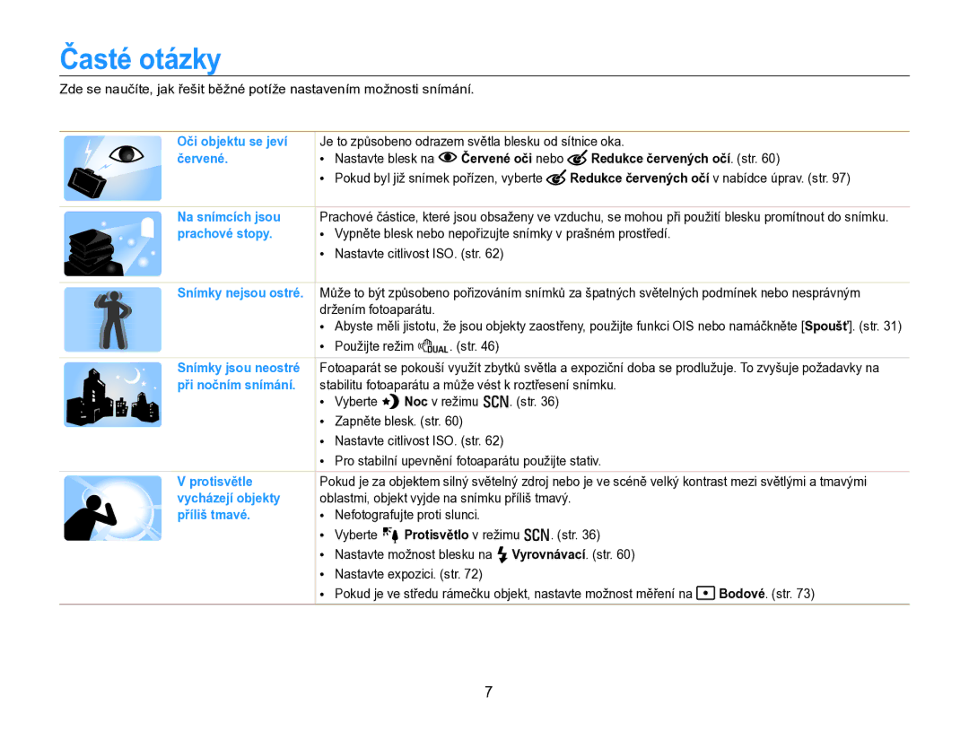 Samsung EC-WB750ZBPBE3 manual Časté otázky, Červené oči nebo Redukce červených očí. str 