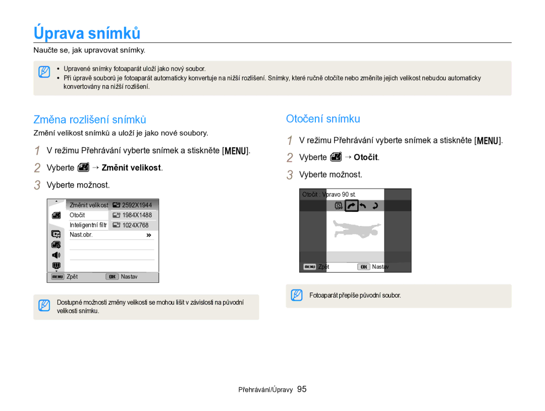 Samsung EC-WB750ZBPBE3 manual Úprava snímků, Změna rozlišení snímků, Otočení snímku, Naučte se, jak upravovat snímky 