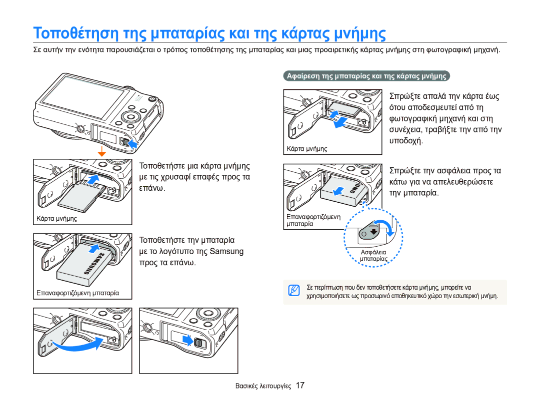 Samsung EC-WB750ZBPBE3 manual Τοποθέτηση της μπαταρίας και της κάρτας μνήμης, Αφαίρεση της μπαταρίας και της κάρτας μνήμης 