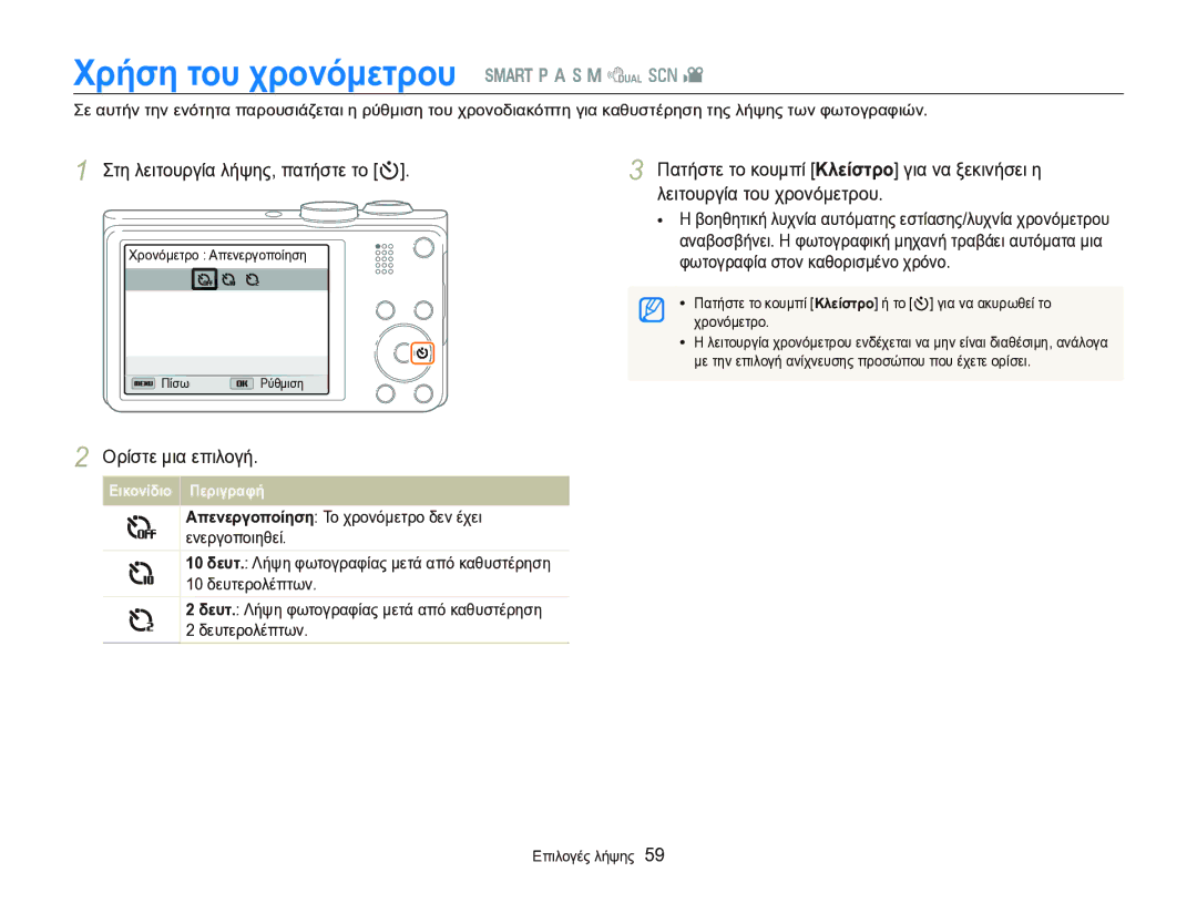 Samsung EC-WB750ZBPBE3 Χρήση του χρονόμετρου S p a h M d s, Στη λειτουργία λήψης, πατήστε το t, Λειτουργία του χρονόμετρου 