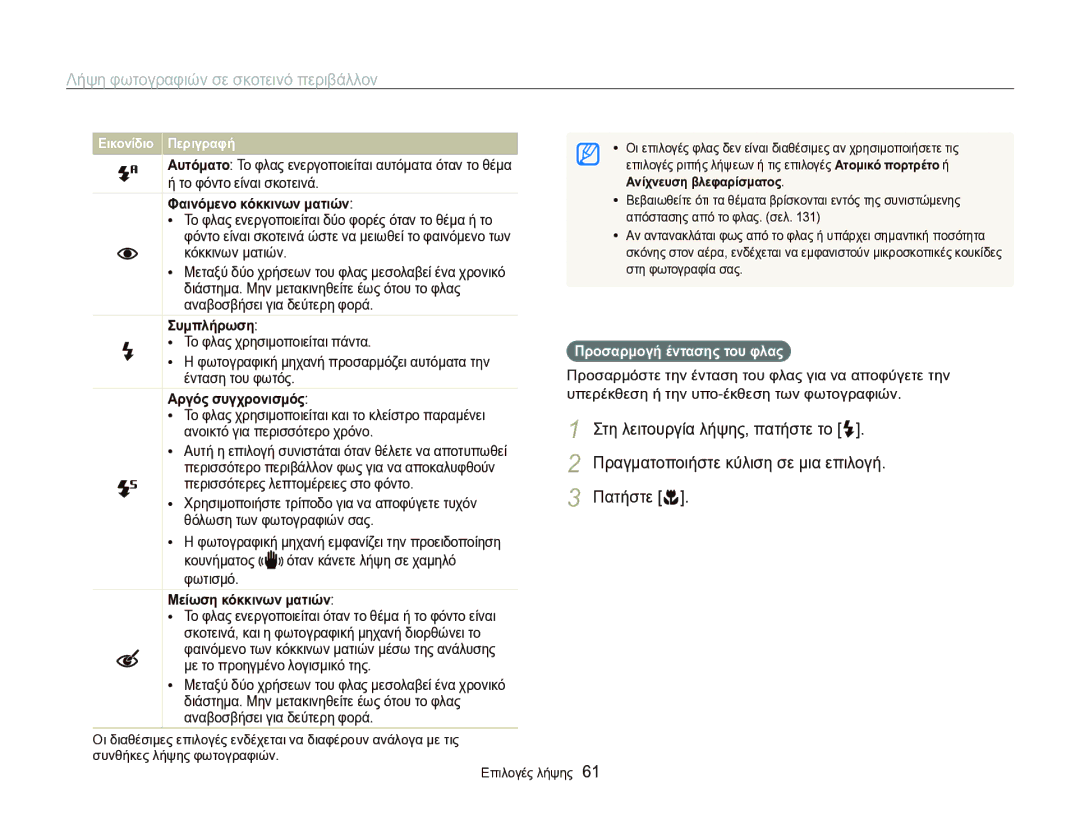 Samsung EC-WB750ZBPBE3 manual Λήψη φωτογραφιών σε σκοτεινό περιβάλλον, Προσαρμογή έντασης του φλας 