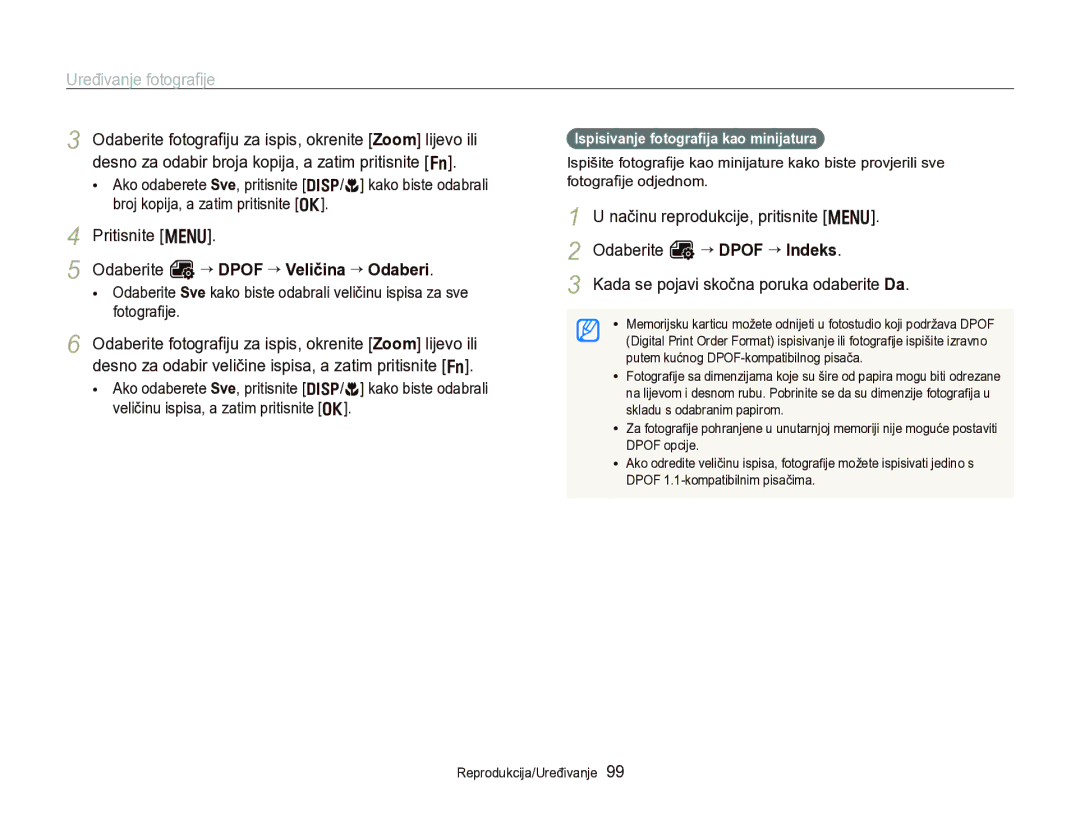 Samsung EC-WB750ZBPBE3 manual Odaberite O “ Dpof “ Veličina “ Odaberi, Ispisivanje fotograﬁja kao minijatura 