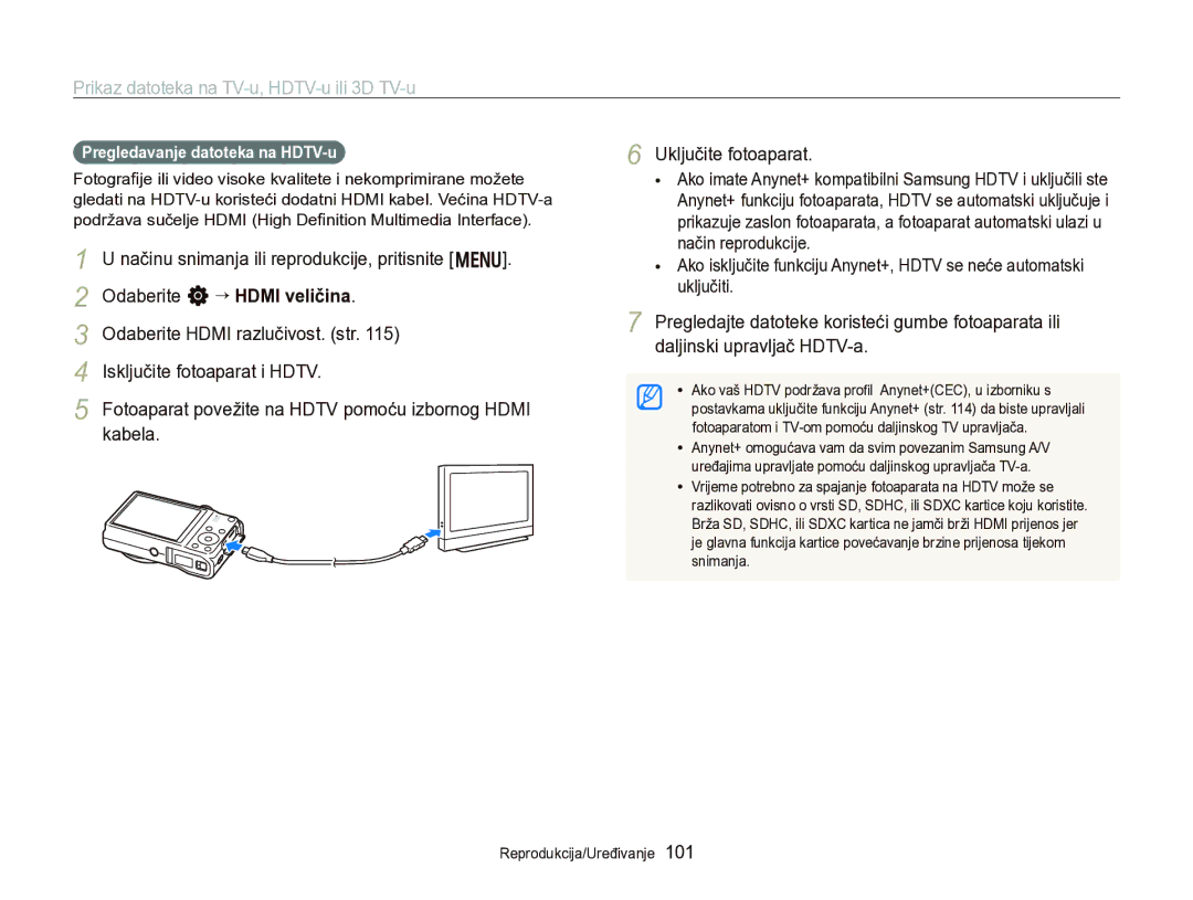 Samsung EC-WB750ZBPBE3 manual Prikaz datoteka na TV-u, HDTV-u ili 3D TV-u, Pregledavanje datoteka na HDTV-u 