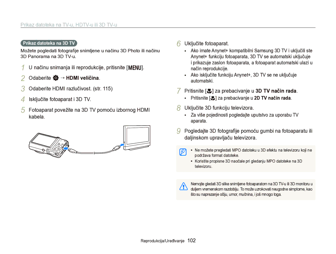 Samsung EC-WB750ZBPBE3 manual Isključite fotoaparat i 3D TV, Kabela, Pritisnite c za prebacivanje u 3D TV način rada 