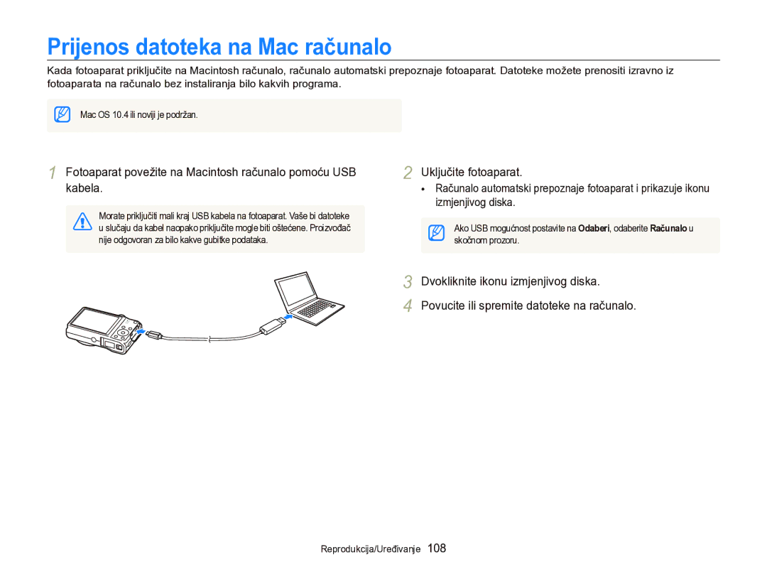 Samsung EC-WB750ZBPBE3 Prijenos datoteka na Mac računalo, Fotoaparat povežite na Macintosh računalo pomoću USB kabela 