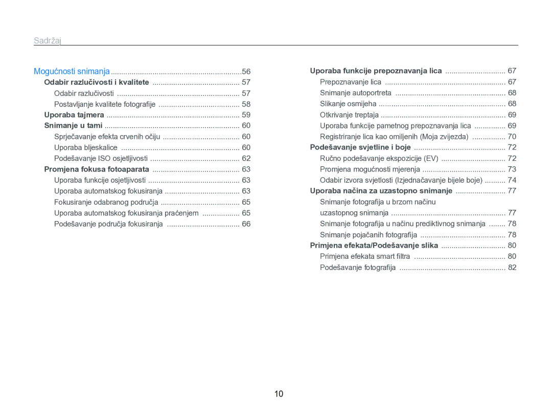 Samsung EC-WB750ZBPBE3 manual Sadržaj, Podešavanje područja fokusiranja 