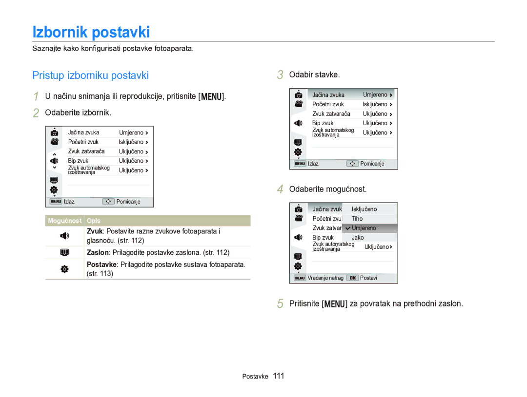 Samsung EC-WB750ZBPBE3 manual Izbornik postavki, Pristup izborniku postavki, Odabir stavke 