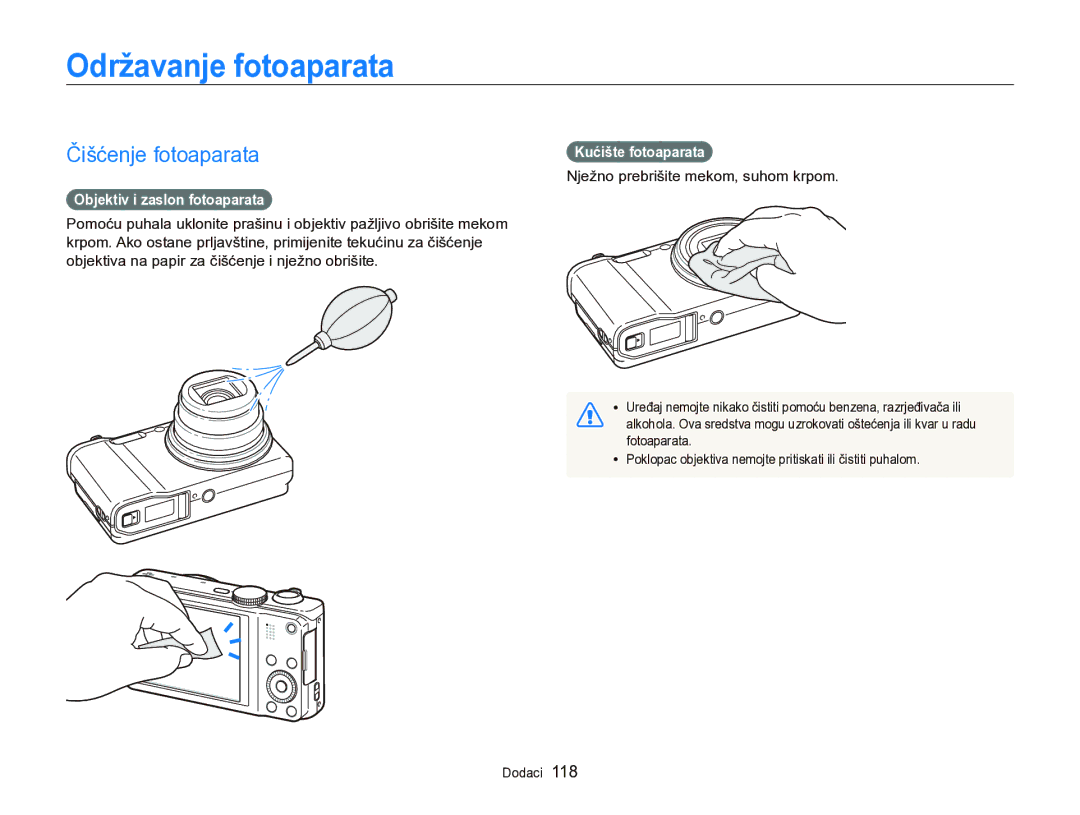 Samsung EC-WB750ZBPBE3 Održavanje fotoaparata, Čišćenje fotoaparata, Objektiv i zaslon fotoaparata, Kućište fotoaparata 