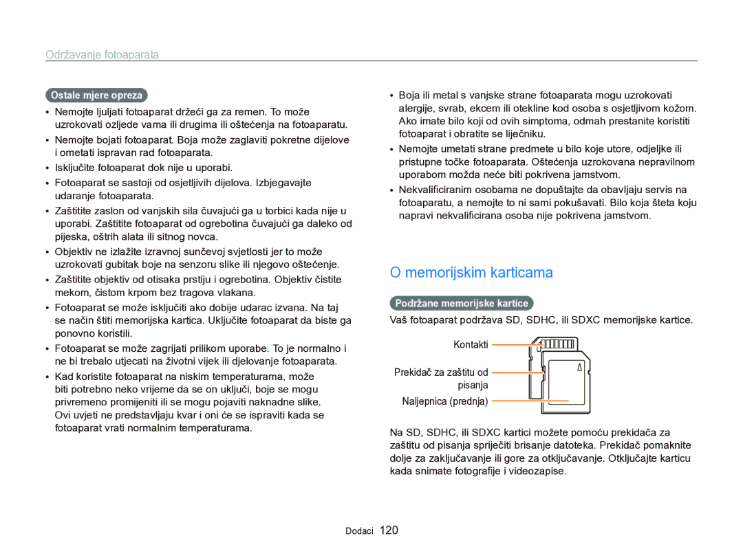 Samsung EC-WB750ZBPBE3 manual Memorijskim karticama, Ostale mjere opreza, Podržane memorijske kartice 