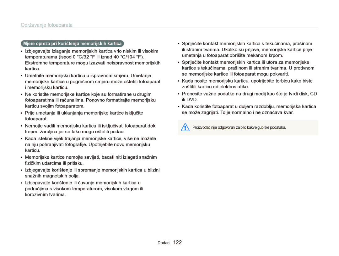 Samsung EC-WB750ZBPBE3 manual Mjere opreza pri korištenju memorijskih kartica 