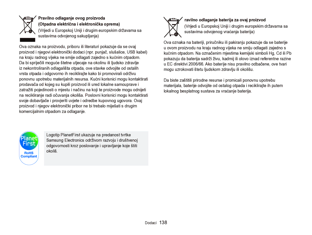 Samsung EC-WB750ZBPBE3 manual Ravilno odlaganje baterija za ovaj proizvod 