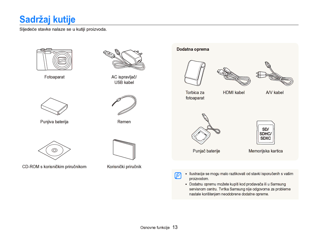 Samsung EC-WB750ZBPBE3 manual Sadržaj kutije, Dodatna oprema 