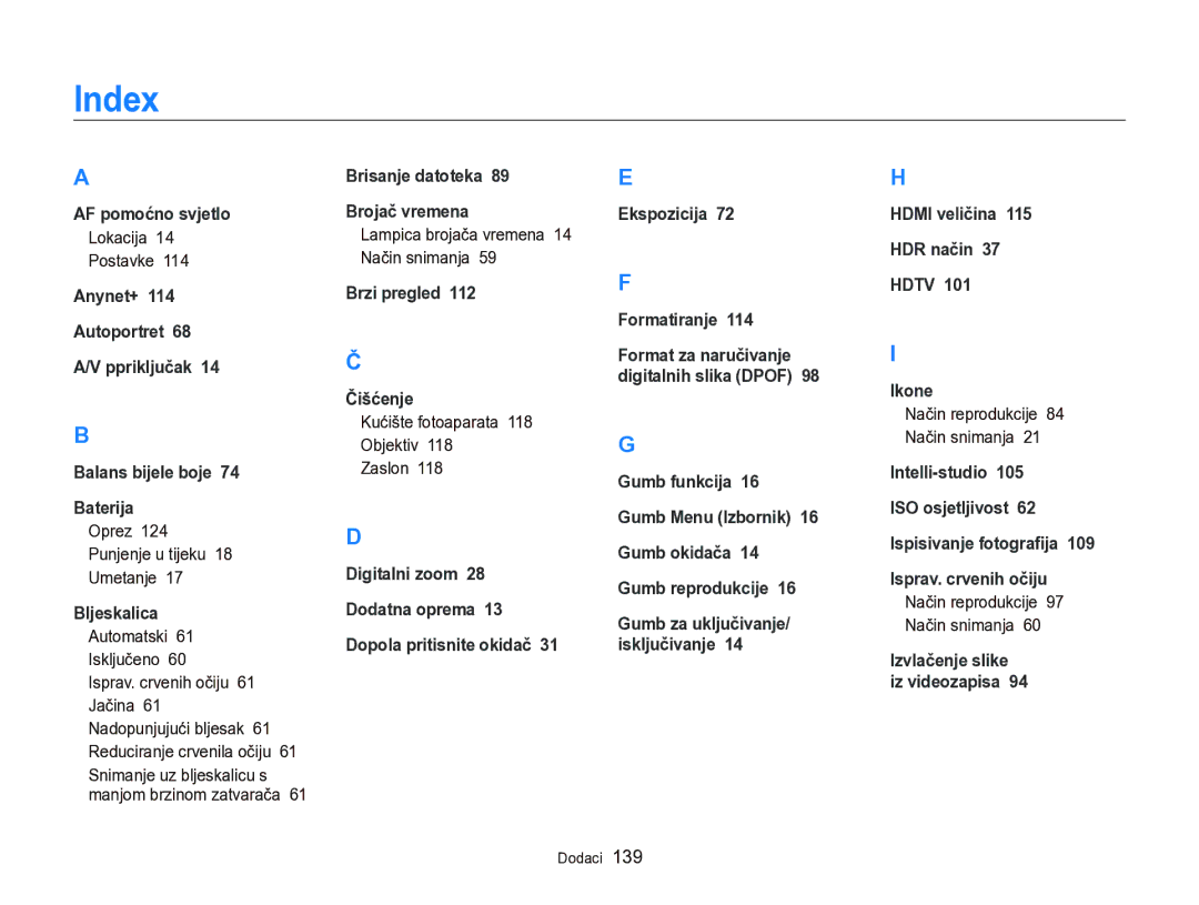 Samsung EC-WB750ZBPBE3 manual Index, Lokacija Postavke, Lampica brojača vremena 14 Način snimanja 