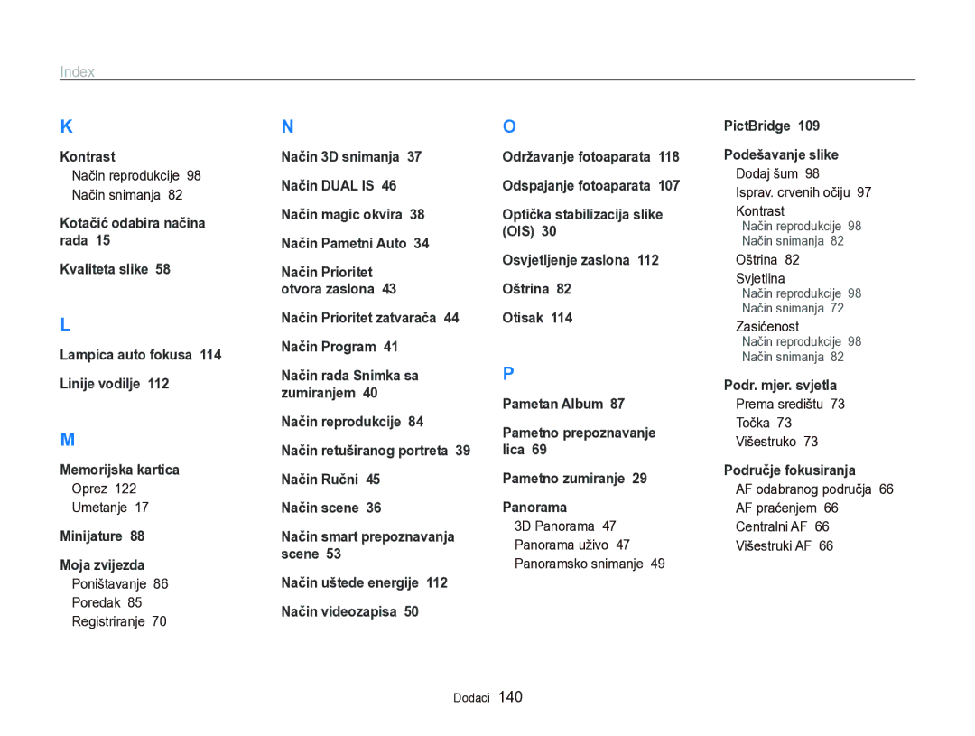 Samsung EC-WB750ZBPBE3 manual Index, Oprez Umetanje, Poništavanje Poredak Registriranje, Oštrina Svjetlina 