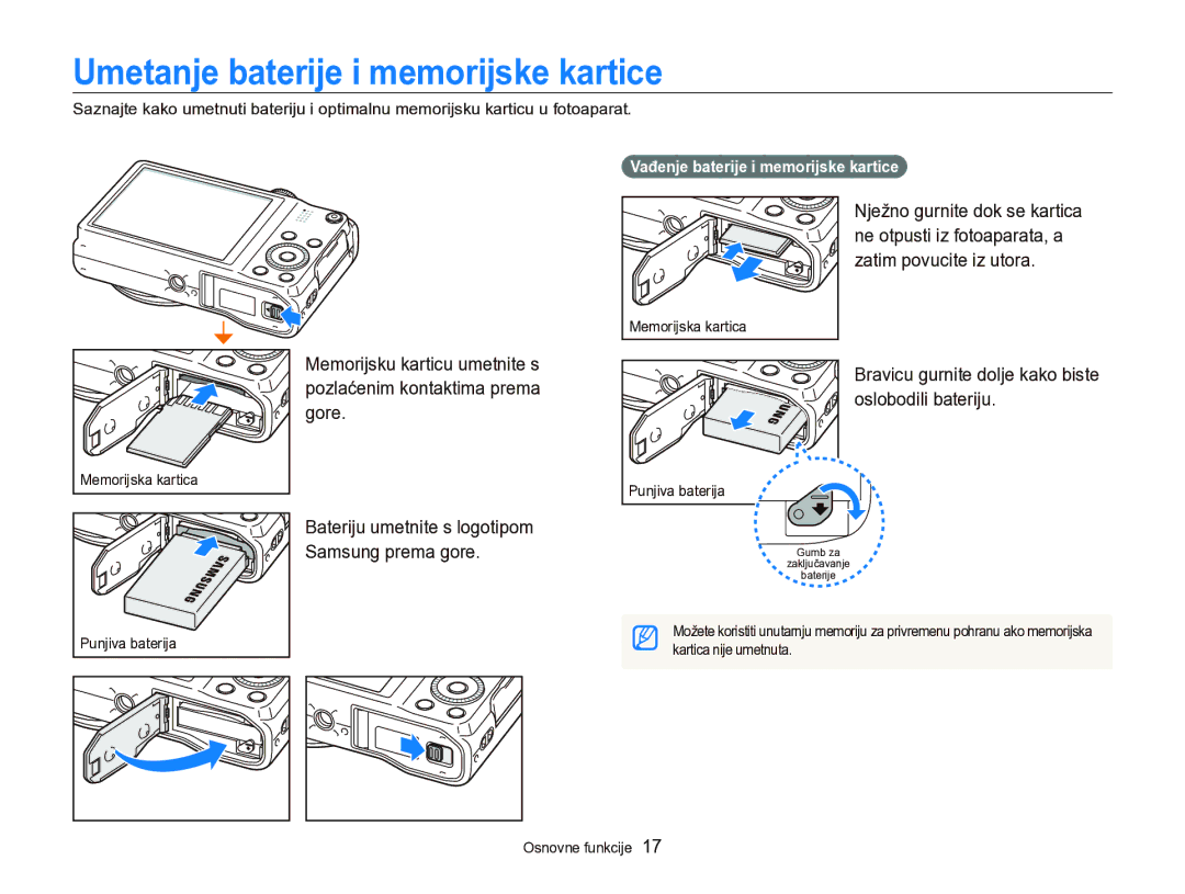 Samsung EC-WB750ZBPBE3 manual Umetanje baterije i memorijske kartice, Bravicu gurnite dolje kako biste oslobodili bateriju 