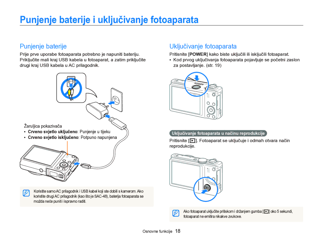 Samsung EC-WB750ZBPBE3 manual Punjenje baterije i uključivanje fotoaparata, Uključivanje fotoaparata 