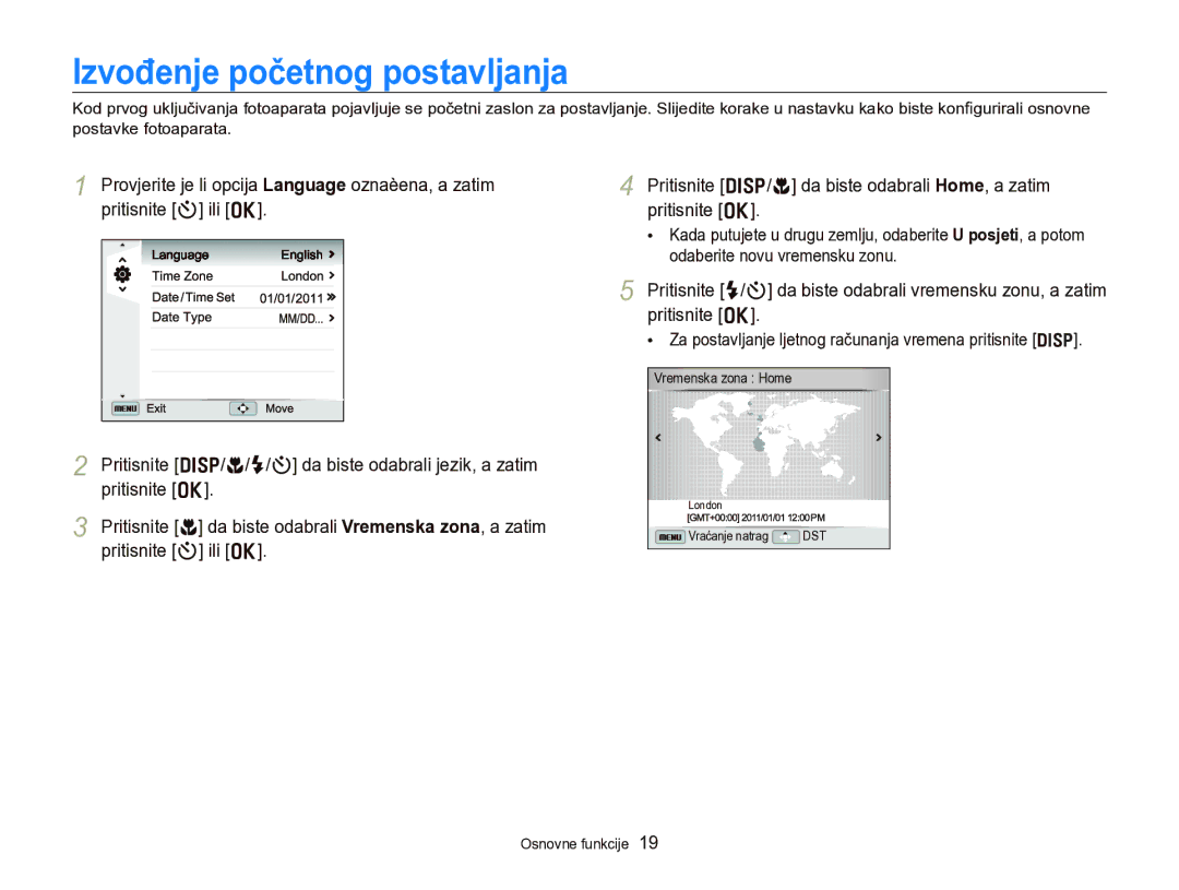 Samsung EC-WB750ZBPBE3 manual Izvođenje početnog postavljanja, Za postavljanje ljetnog računanja vremena pritisnite D 