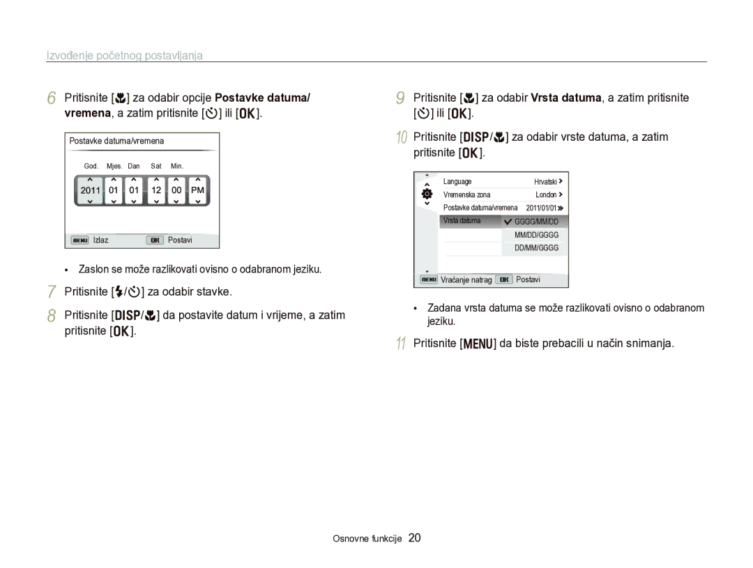 Samsung EC-WB750ZBPBE3 manual Izvođenje početnog postavljanja, Pritisnite F/t za odabir stavke 