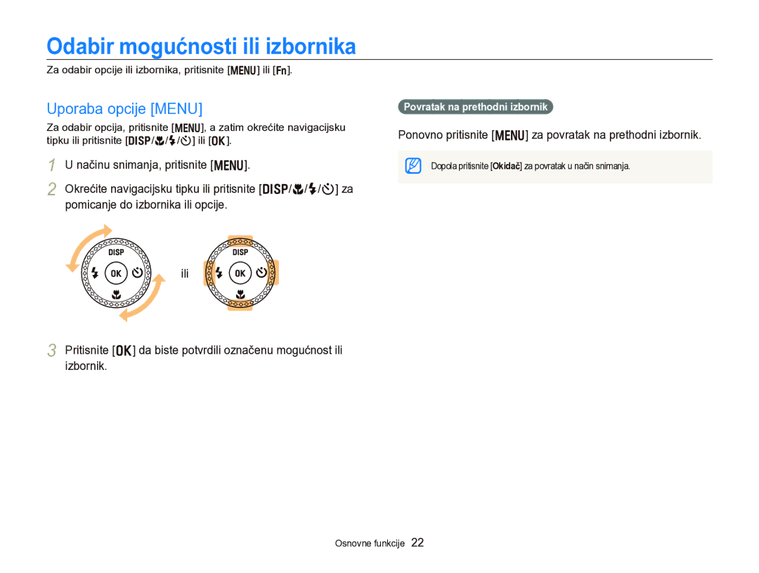 Samsung EC-WB750ZBPBE3 manual Odabir mogućnosti ili izbornika, Uporaba opcije Menu, Povratak na prethodni izbornik 