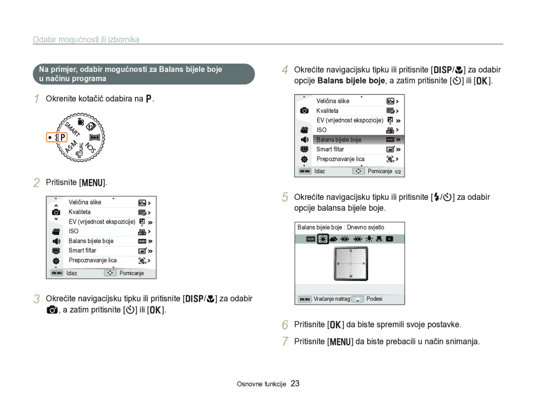 Samsung EC-WB750ZBPBE3 manual Odabir mogućnosti ili izbornika, Okrenite kotačić odabira na p Pritisnite m 