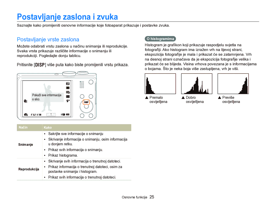 Samsung EC-WB750ZBPBE3 manual Postavljanje zaslona i zvuka, Postavljanje vrste zaslona, Histogramima 