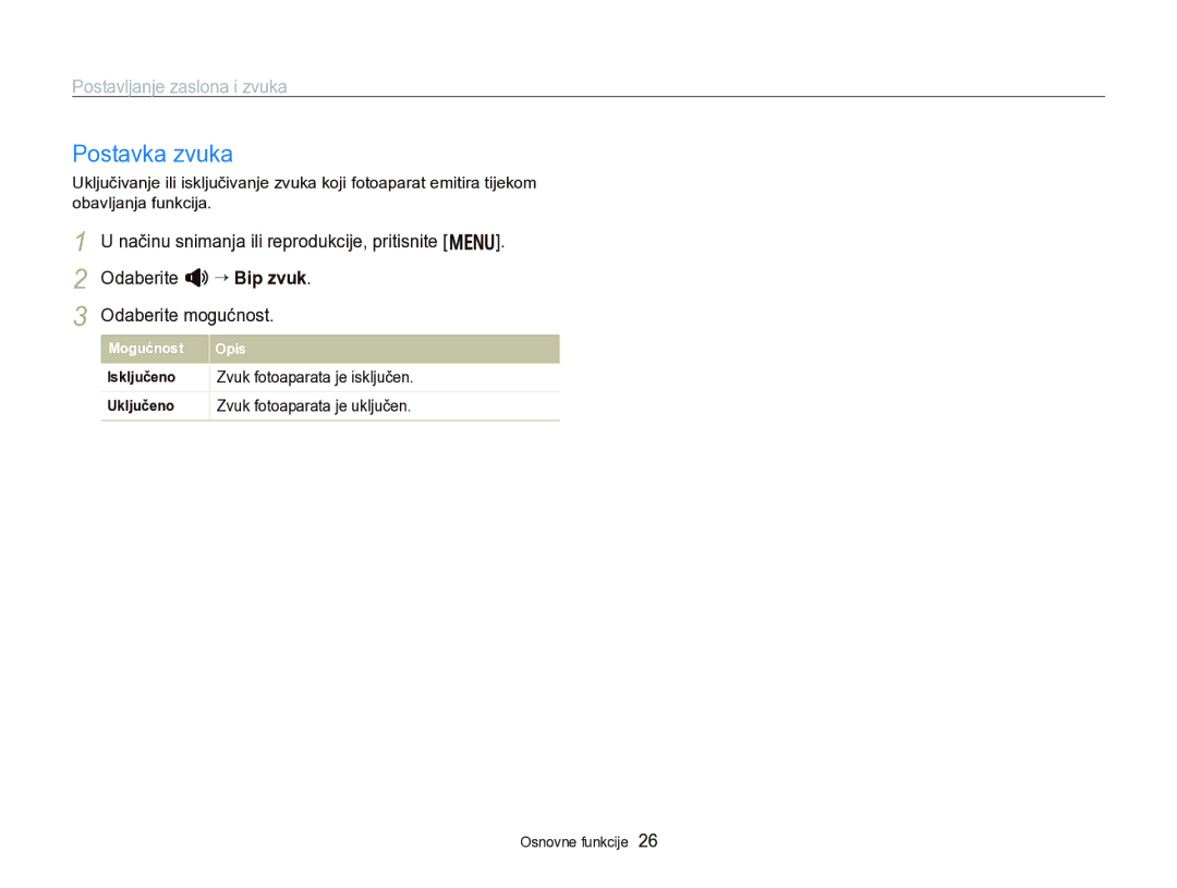Samsung EC-WB750ZBPBE3 manual Postavka zvuka, Postavljanje zaslona i zvuka, Zvuk fotoaparata je isključen 