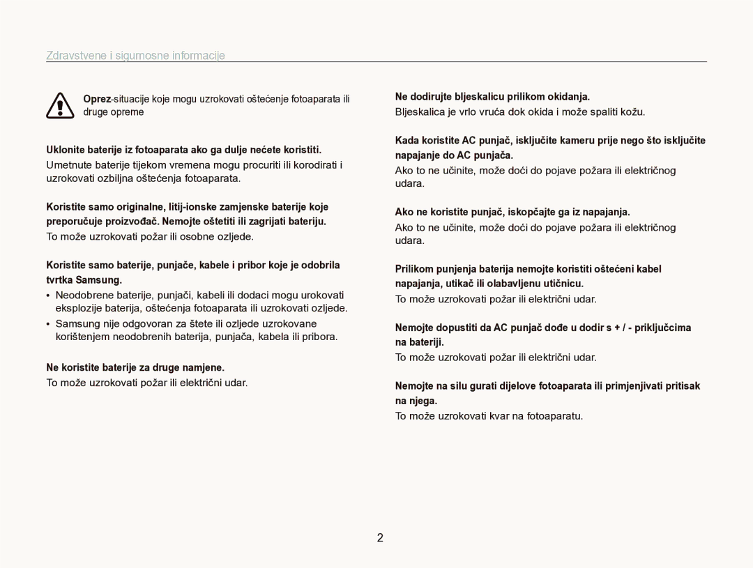 Samsung EC-WB750ZBPBE3 manual Zdravstvene i sigurnosne informacije, Ne koristite baterije za druge namjene 