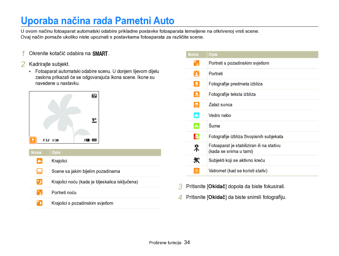 Samsung EC-WB750ZBPBE3 manual Uporaba načina rada Pametni Auto, Okrenite kotačić odabira na T Kadrirajte subjekt 