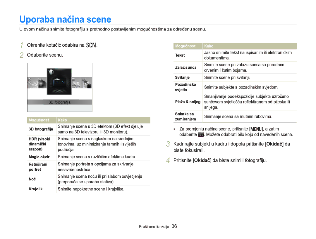 Samsung EC-WB750ZBPBE3 manual Uporaba načina scene, Okrenite kotačić odabira na s Odaberite scenu, Biste fokusirali 