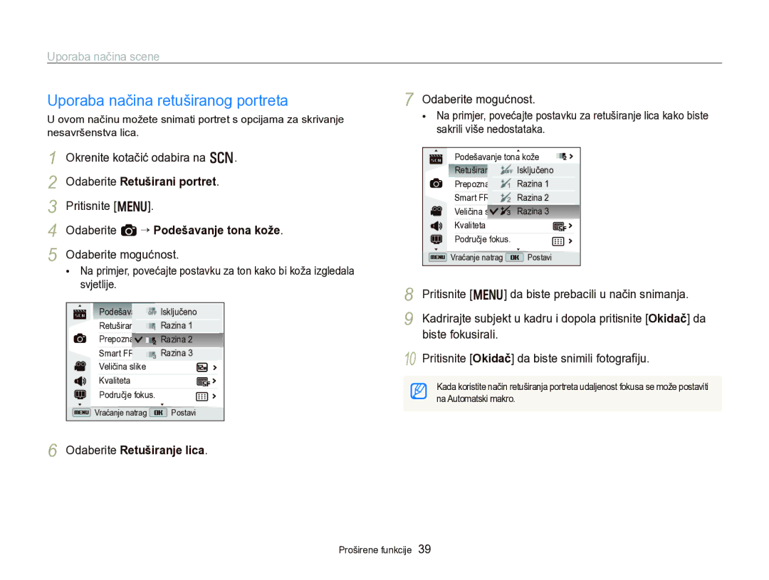 Samsung EC-WB750ZBPBE3 manual Uporaba načina retuširanog portreta, Odaberite Retuširani portret, Odaberite Retuširanje lica 