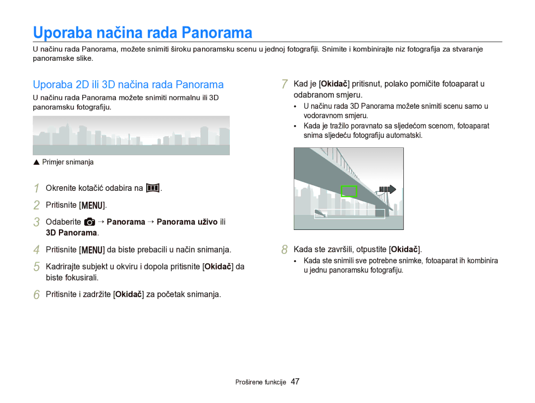 Samsung EC-WB750ZBPBE3 manual Uporaba načina rada Panorama, Uporaba 2D ili 3D načina rada Panorama 