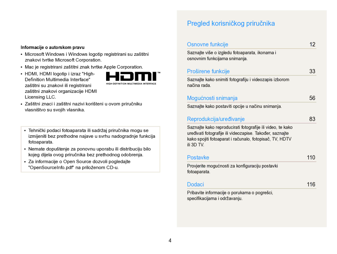 Samsung EC-WB750ZBPBE3 manual Pregled korisničkog priručnika, Informacije o autorskom pravu 