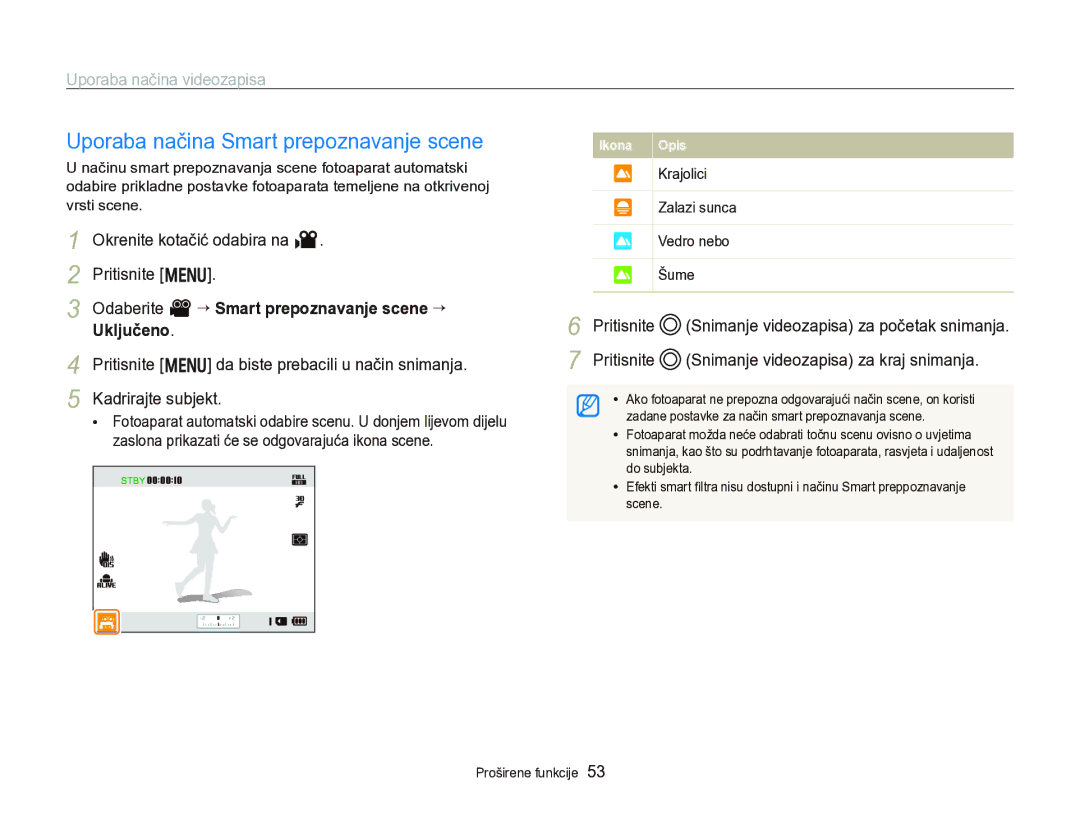 Samsung EC-WB750ZBPBE3 Uporaba načina Smart prepoznavanje scene, Okrenite kotačić odabira na v Pritisnite m, Zalazi sunca 