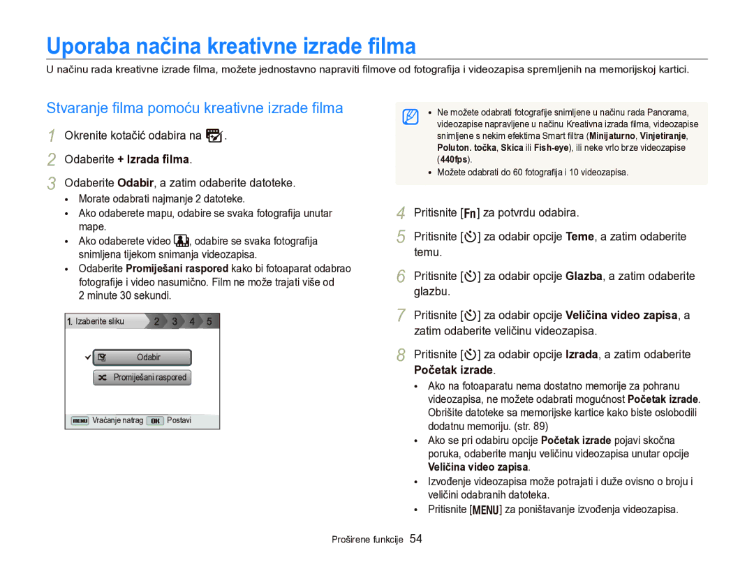 Samsung EC-WB750ZBPBE3 Uporaba načina kreativne izrade ﬁlma, Stvaranje ﬁlma pomoću kreativne izrade ﬁlma, Početak izrade 