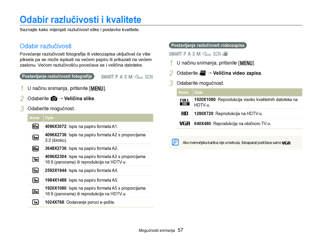 Samsung EC-WB750ZBPBE3 manual Odabir razlučivosti i kvalitete, Načinu snimanja, pritisnite m Odaberite a “ Veličina slike 