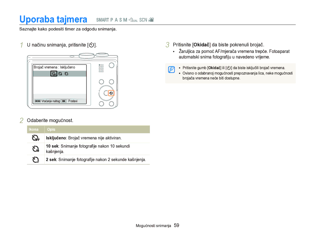 Samsung EC-WB750ZBPBE3 manual Uporaba tajmera S p a h M d s, Načinu snimanja, pritisnite t 