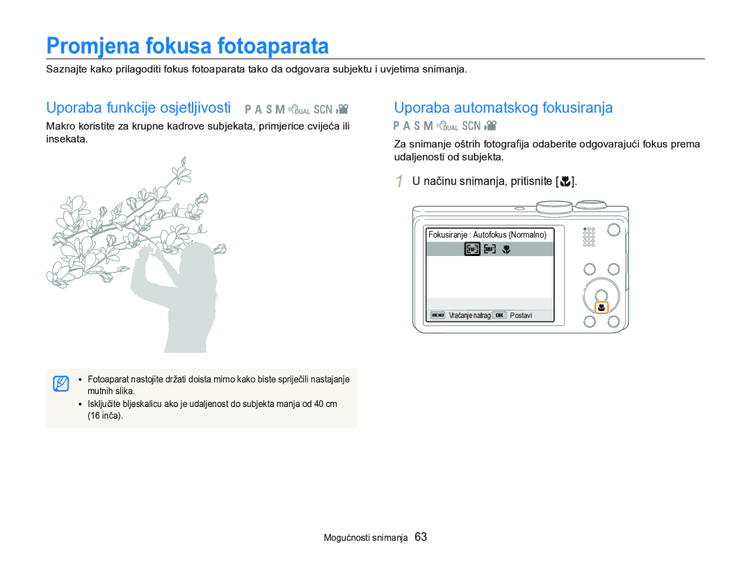 Samsung EC-WB750ZBPBE3 manual Promjena fokusa fotoaparata, Uporaba funkcije osjetljivosti p a h M d s 
