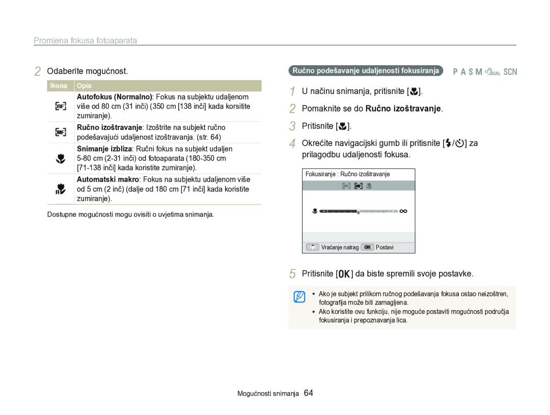 Samsung EC-WB750ZBPBE3 manual Promjena fokusa fotoaparata, Pomaknite se do Ručno izoštravanje, Pritisnite c 