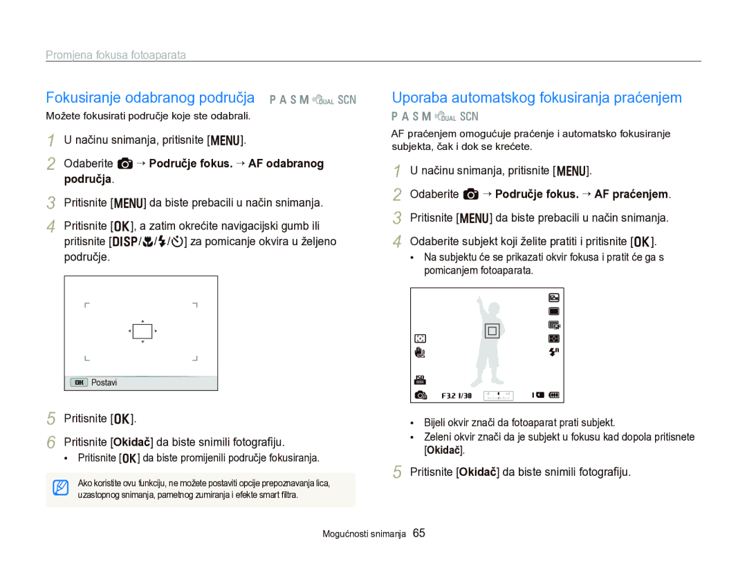 Samsung EC-WB750ZBPBE3 Fokusiranje odabranog područja p a h M d s, Uporaba automatskog fokusiranja praćenjem, Pritisnite o 