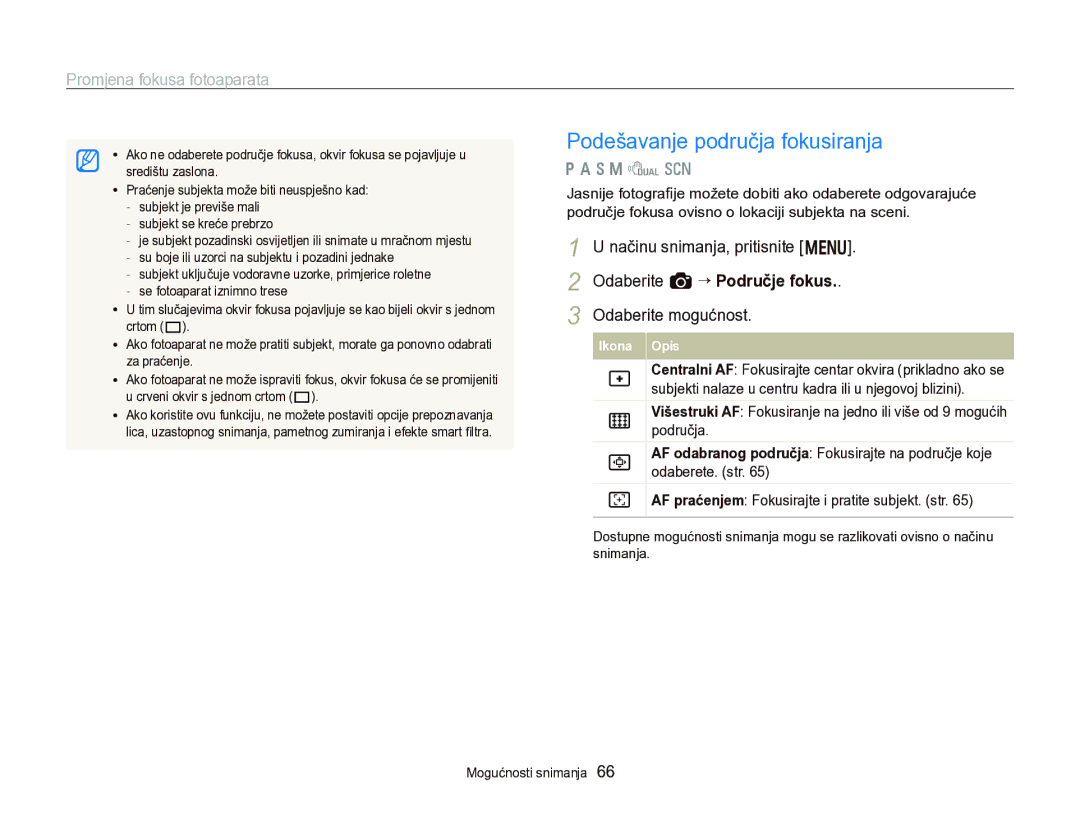 Samsung EC-WB750ZBPBE3 manual Podešavanje područja fokusiranja, Načinu snimanja, pritisnite m Odaberite a “ Područje fokus 