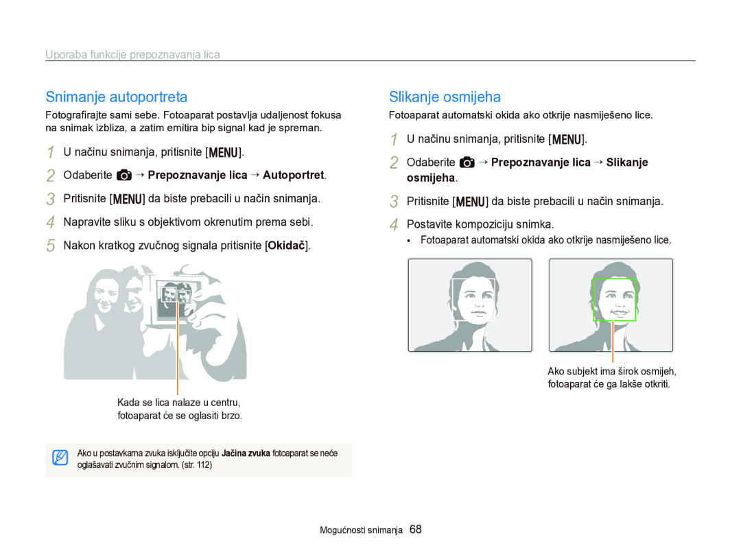Samsung EC-WB750ZBPBE3 manual Snimanje autoportreta, Slikanje osmijeha, Uporaba funkcije prepoznavanja lica 