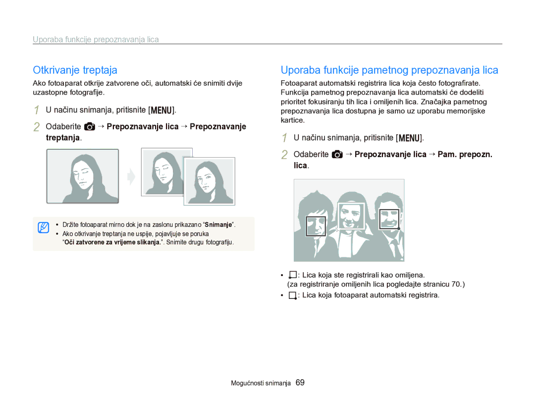 Samsung EC-WB750ZBPBE3 manual Otkrivanje treptaja, Uporaba funkcije pametnog prepoznavanja lica 