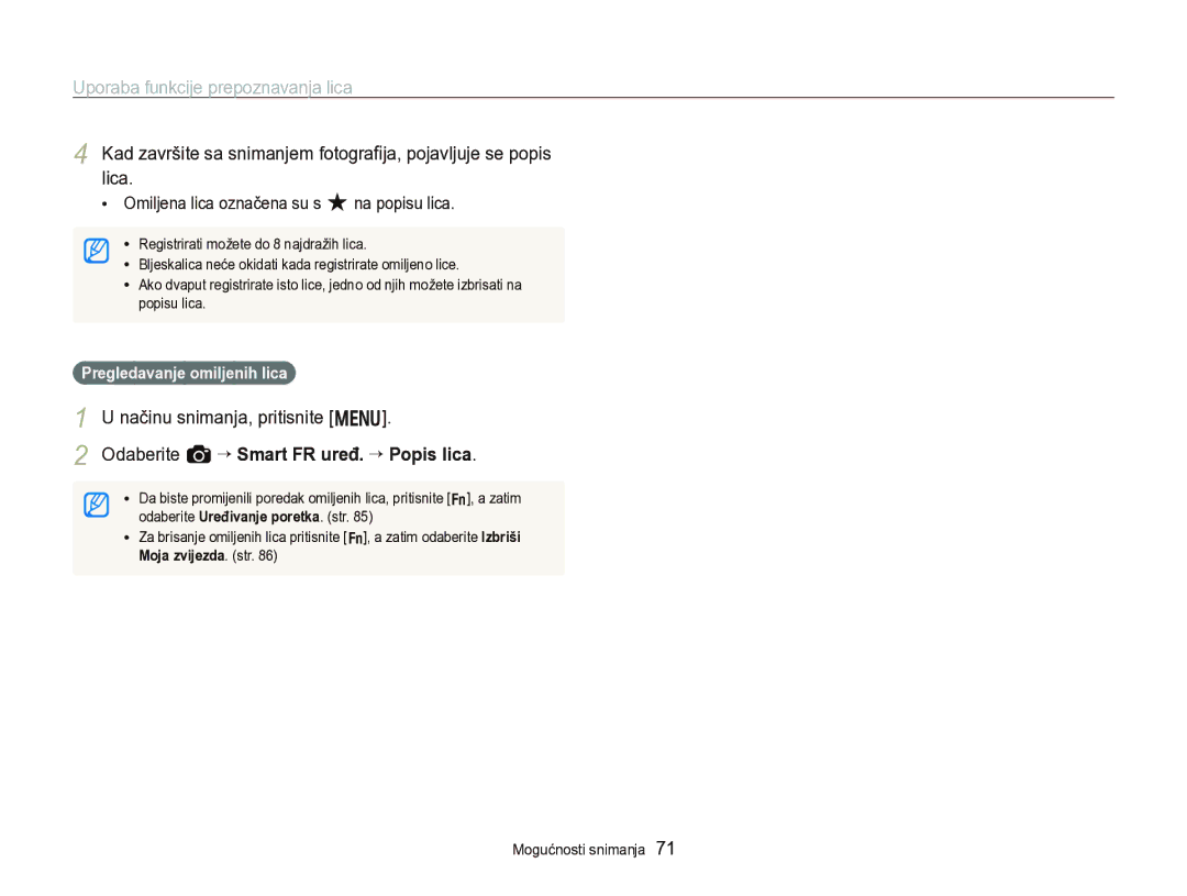 Samsung EC-WB750ZBPBE3 manual Odaberite a “ Smart FR uređ. “ Popis lica, Omiljena lica označena su s na popisu lica 