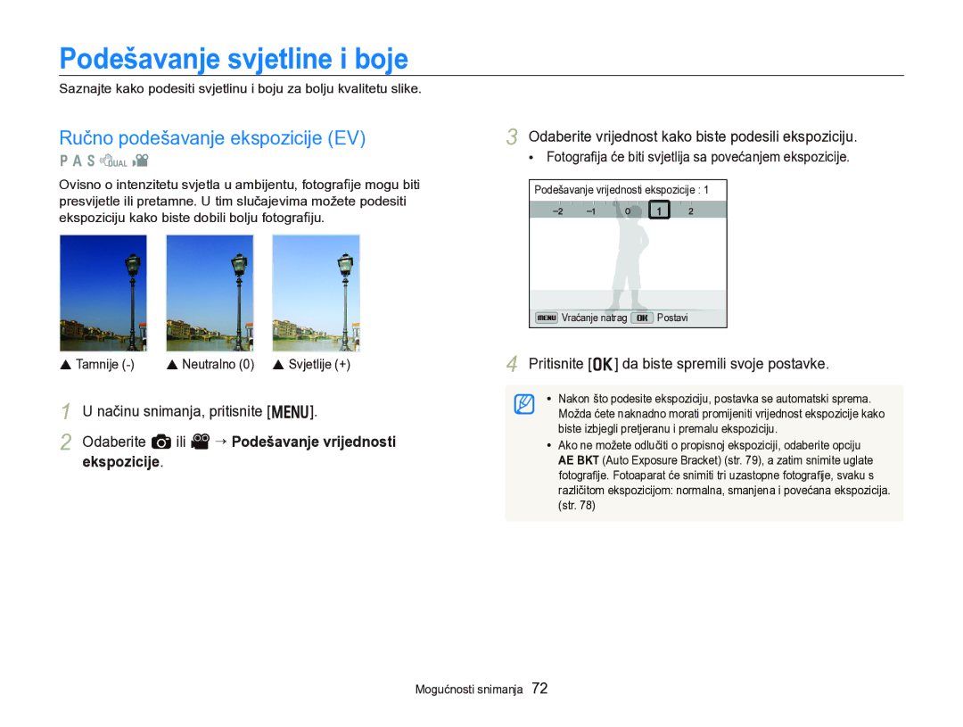 Samsung EC-WB750ZBPBE3 manual Podešavanje svjetline i boje, Ručno podešavanje ekspozicije EV, Ekspozicije 