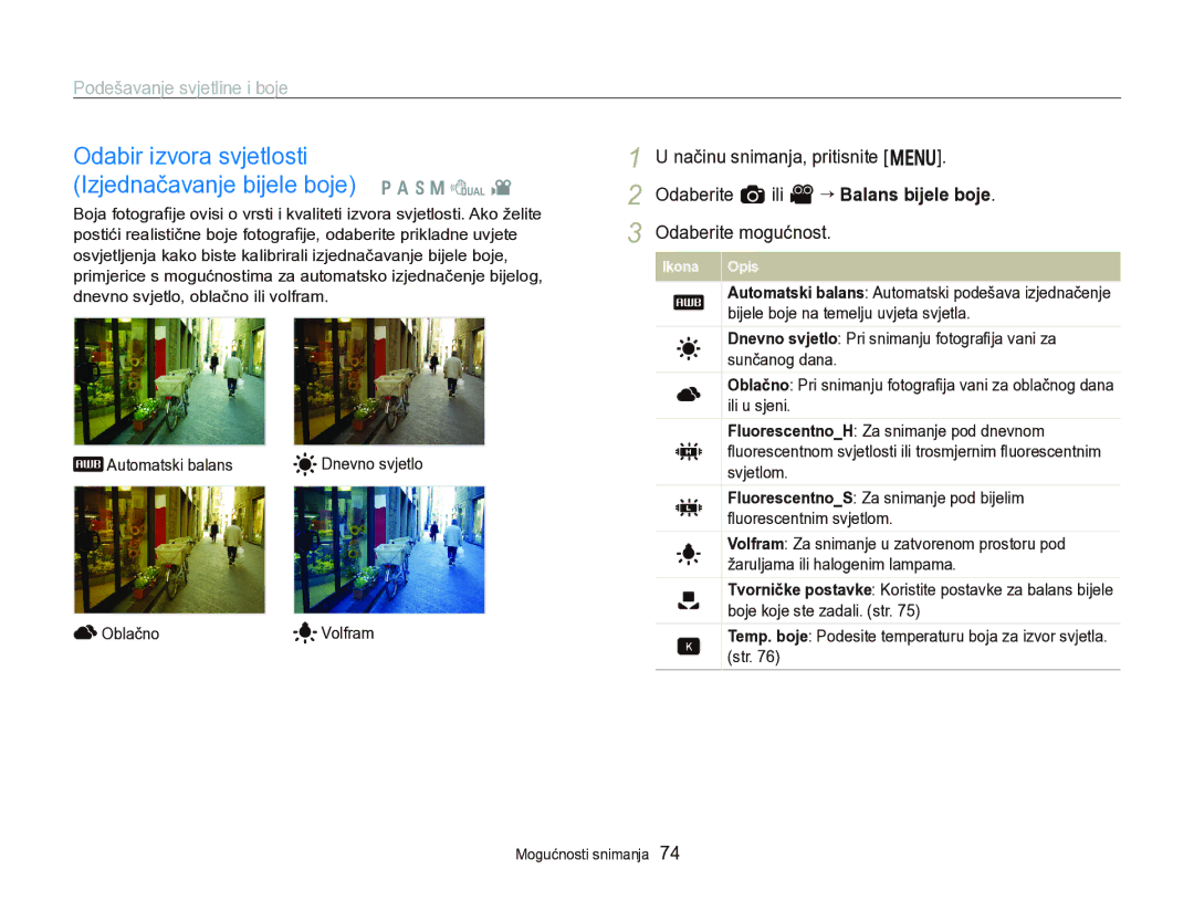 Samsung EC-WB750ZBPBE3 manual Automatski balans Dnevno svjetlo Oblačno Volfram 